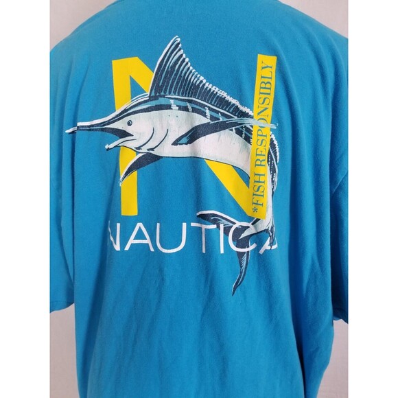 Nautica Fish Responsibly T Shirt Hawaiian Blue Short Sleeve Back Logo XXL Cotton - Picture 9 of 12